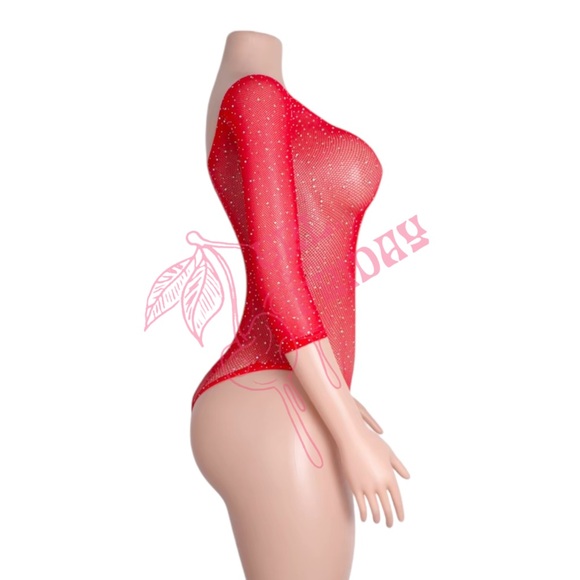 Cherry Red Rhinestoned Fishnet Bodysuit - EXOTIC DANCEWEAR - Picture 3 of 5